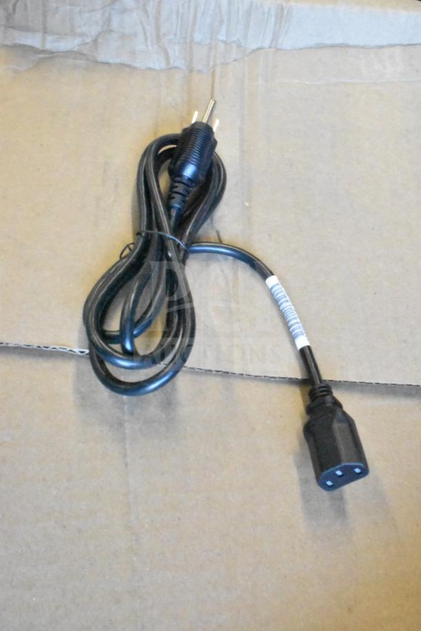 Black power cable with two-prong plug and three-hole socket, coiled, good condition.