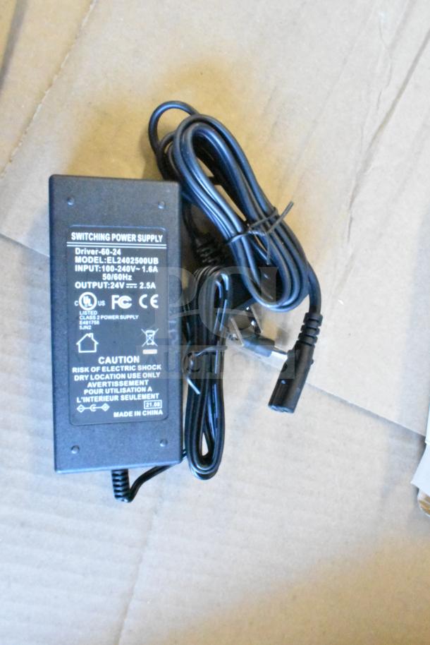 Power supply with cables, model EL2402500UB, 100-240V input, 24V output, 2.5A, black, made in China, CE and UL listed.