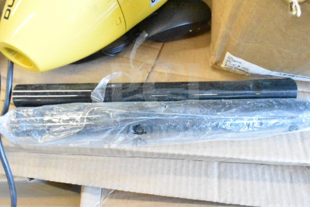 Lot of various items including a yellow dust vac, microfiber towel, and cord. Items appear in used condition.