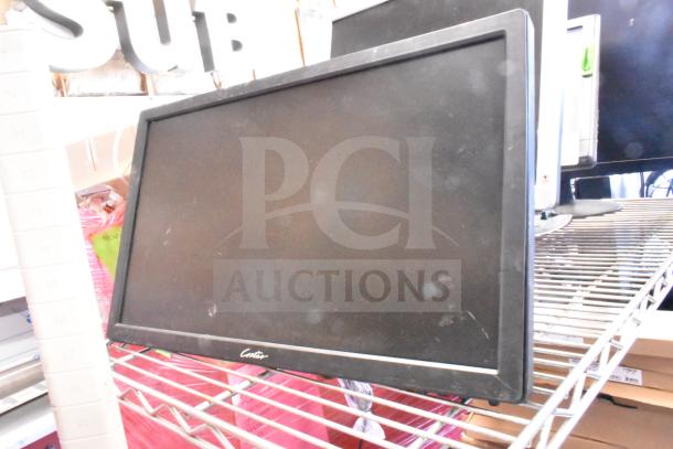 Four monitors including Costar, HP Compaq LE1711, Elo TouchSystems, Acer S240HL. Visible wear, set on metal shelf.