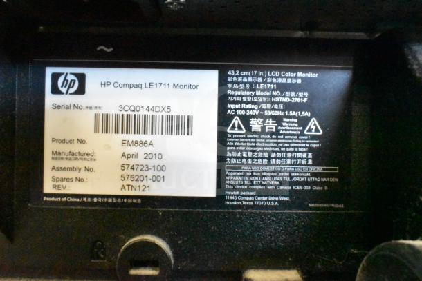 Label on HP Compaq LE1711 monitor indicating serial number 3CQ0144DX5, product EM886A, manufactured April 2010.