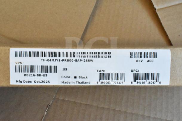 Cardboard box label with Dell keyboard details, model KB216-BK-US, black color, made in Thailand, Mfg Date: Oct. 2025.