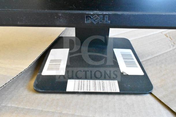 Five monitors including HP, Onn ONA18HO015 21.5", Dell E2414Ht, IBM. Shows Dell logo and barcode labels.