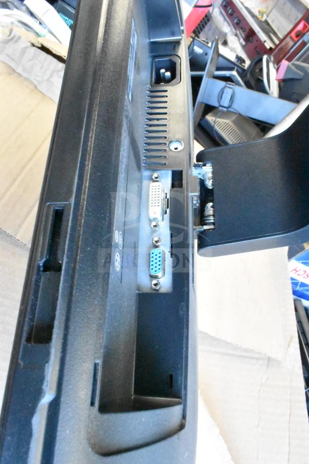 5 monitors including HP, Onn ONA18HO015 21.5", Dell E2414Ht, IBM. Close-up shows ports, good condition.