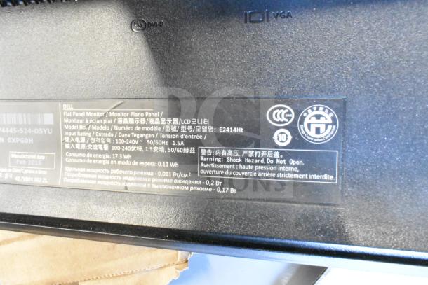 Assorted monitors, including Dell E2414Ht, showing model label and specifications, part of a five-monitor auction lot.