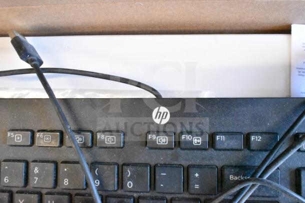 HP keyboard, black, visible dust, USB connector, labeled F keys, part of 40-item auction including keyboards and mice.
