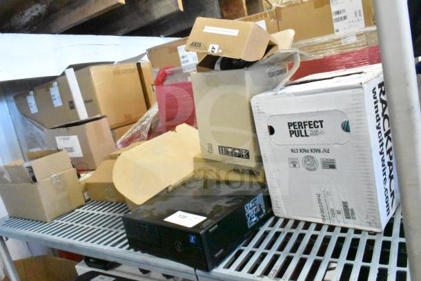 Nine various items including CCTV dome camera, Dell computer tower, Bosch interface plate, Wren Axis camera, cable, Dymo LabelWriter 450 in boxes.