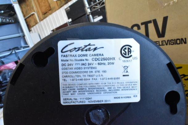 Costar FasTrax Dome Camera CDC2500HX, label showing model, voltage, and manufacturing details. Made in Korea.