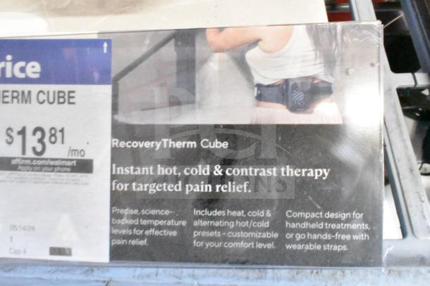 RecoveryTherm Cube label details targeted pain relief, hot/cold therapy, and wearable design. Price shown as $13.81/month.