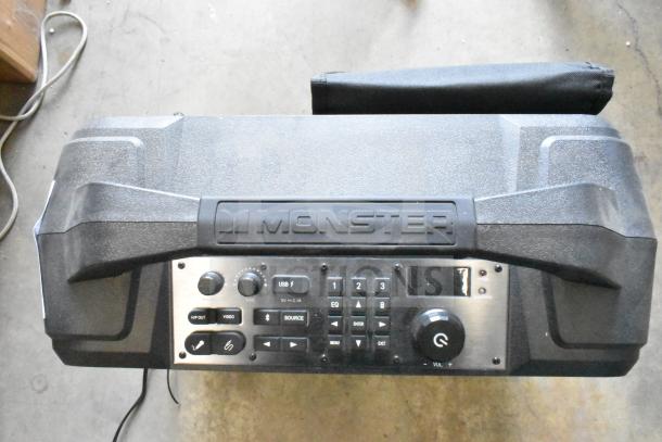 Monster MNVISION156-C speaker, 15.6", controls on front panel, 100-240V, single phase, in good condition.