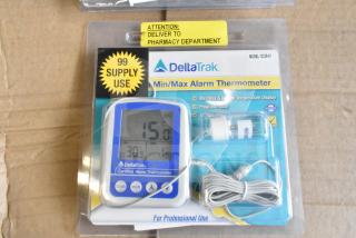 DeltaTrak Min/Max Alarm Thermometer, model 12238-01, new in packaging. Display reads 15°C, includes probe and cable.
