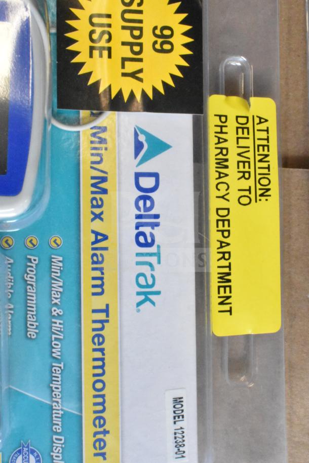 Brand new DeltaTrak Min/Max Alarm Thermometer, model 12238-01, with programmable features. Packaging includes pharmacy delivery instructions.