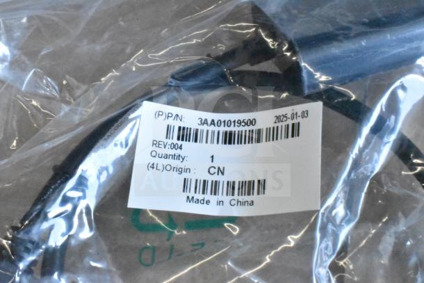 Plastic-wrapped cable with label showing P/N: 3AA01019500, REV: 004, Quantity: 1, Origin: CN, Made in China.