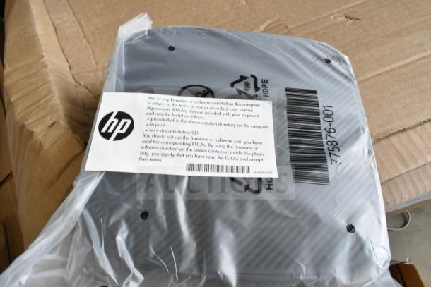 HP Thin Client in original packaging. Includes a label with HP logo, firmware, and EULA information. Model number: 775876-001.