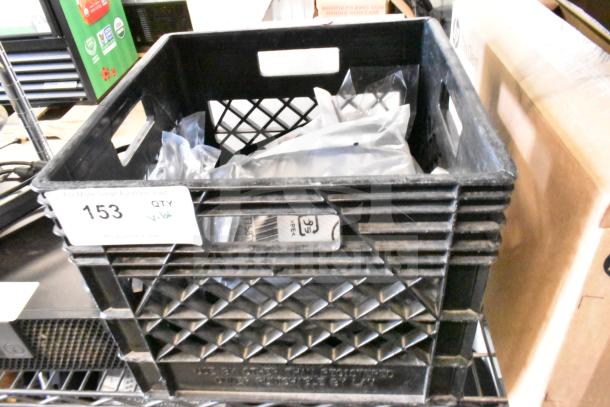 Lot includes various cables in a black crate, labeled "153 QTY V-lot," used condition, mixed contents.