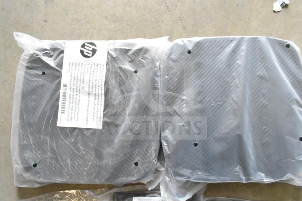 Lot of various items including packaged HP components and cables, in new condition. HP label indicates usage details.