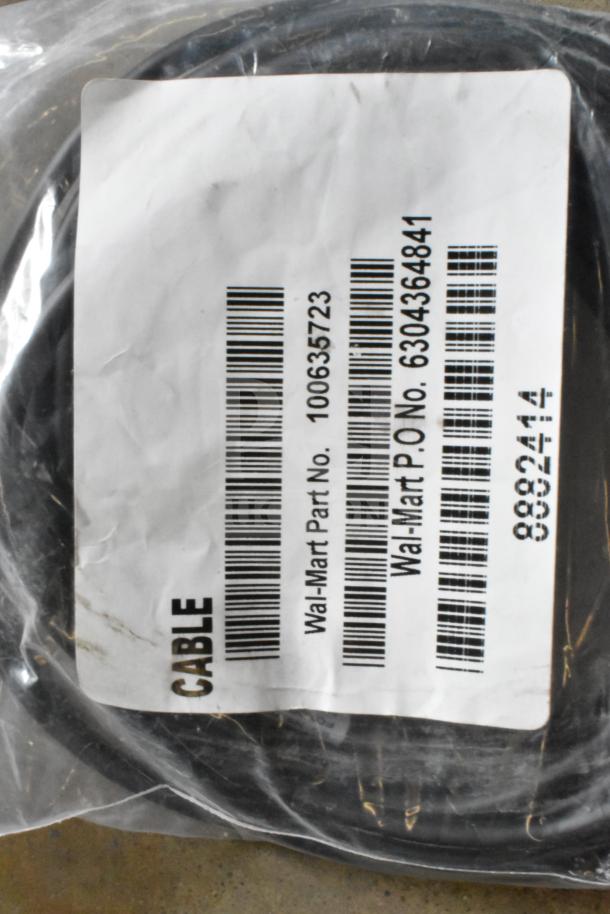Lot includes a cable in packaging with label showing Wal-Mart Part No. 100635723 and PO No. 6304364841.