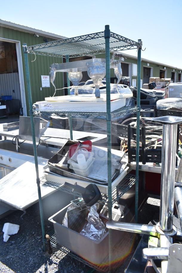 Metro green finish 4-tier shelf with contents, including chafing dish frame, dough bin, drop-in bins; dismantling required.