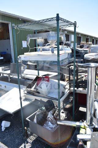 Metro green finish 4-tier shelf with contents, including chafing dish frame, dough bin, drop-in bins; dismantling required.