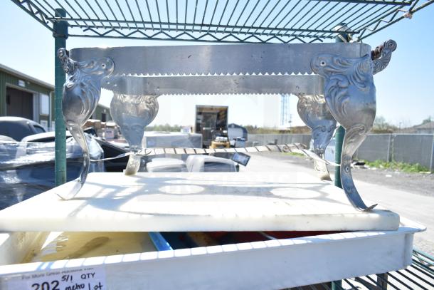 Metro green finish 4-tier shelf with chafing dish frame, dough bin, drop-in bins. Buyer must dismantle for shipping.