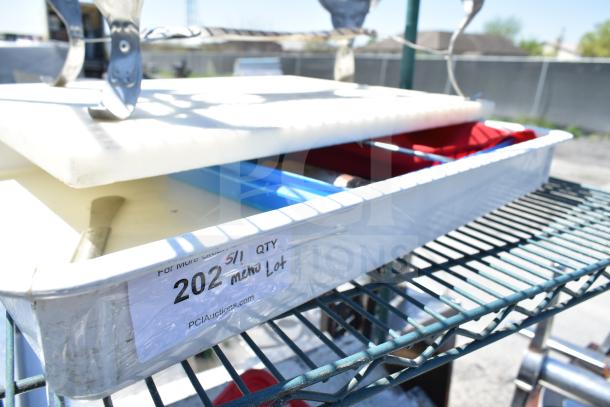 Metro Green Finish 4 Tier Shelf with chafing dish frame, dough bin, drop-in bins. Label reads "202, PCIauctions.com". Buyer dismantle required.