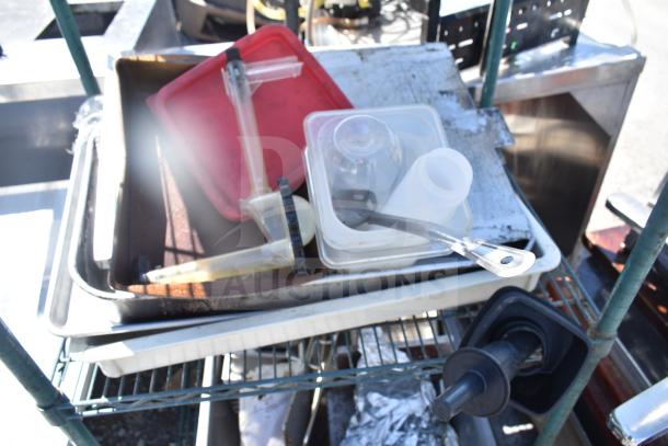 Metro Green Finish 4 Tier Shelf with chafing dish frame, dough bin, and drop-in bins. Buyer must dismantle.