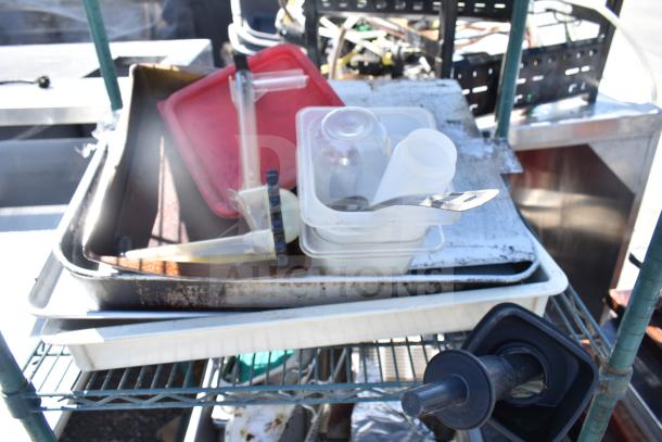 Metro green finish 4-tier shelf with chafing dish frame, dough bin, drop-in bins. Buyer must dismantle. Consider freight charges.