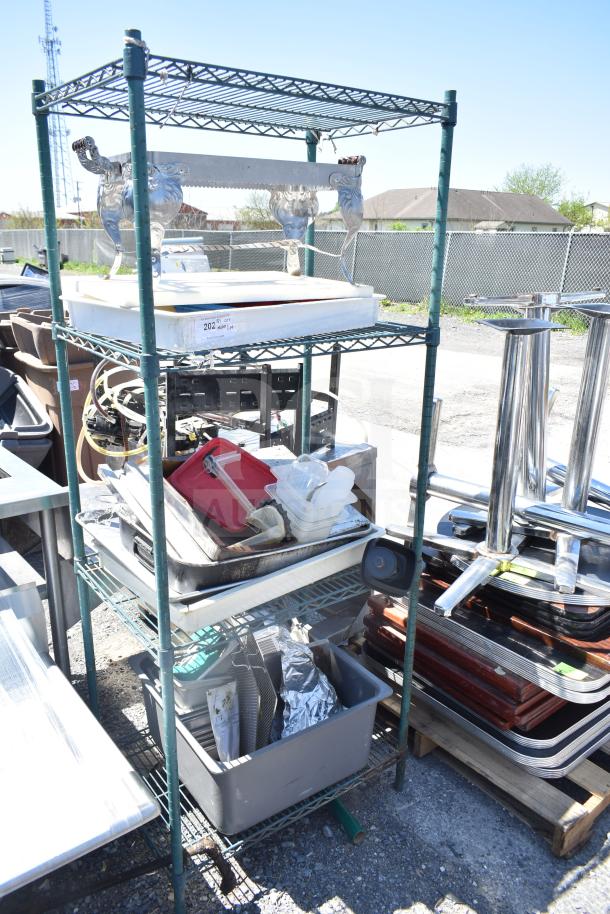 Metro Green Finish 4 Tier Shelf with chafing dish frame, dough bin, drop-in bins. Buyer must dismantle.