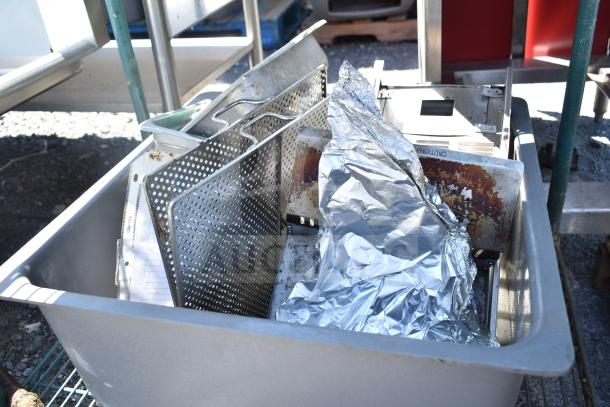 Metro Green 4-tier shelf with contents including chafing dish frame and bins. Buyer must dismantle. Consider freight.