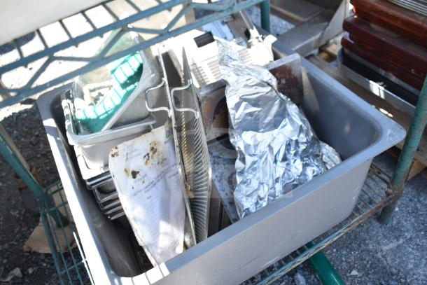 Metro Green Finish 4-tier shelf with chafing dish frame, dough bin, drop-in bins, visible wear, buyer dismantlement needed.