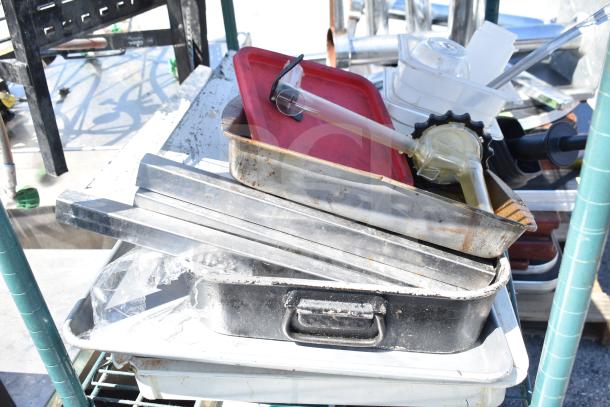 Metro green 4-tier shelf with chafing dish frame, dough bin, and drop-in bins. Buyer must dismantle for shipping.
