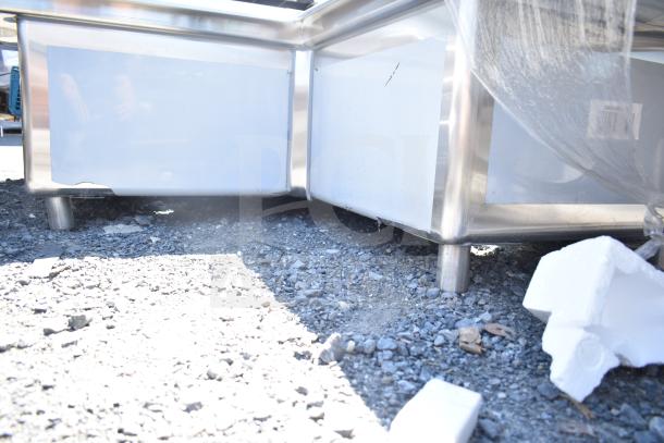 Alt text: Regency 600S3242424C L-shaped 3 bay sink with dual drain boards, scratch and dent condition, no legs.