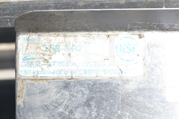 Alt text: TSB-3-R2 commercial 3 bay sink with right side drain boards, no legs. Manufacturer label shows brand Green World.