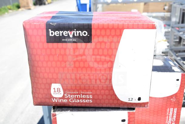 Berevino stemless wine glasses, 18 oz, 12-pack box. Boxes show wear; includes metal 3-tier cart, 17 items total.
