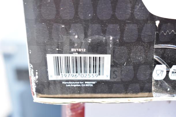 Barcode with number 819796025599 on packaging, model BV1812, manufactured for Prestee, Los Angeles, CA 90731.