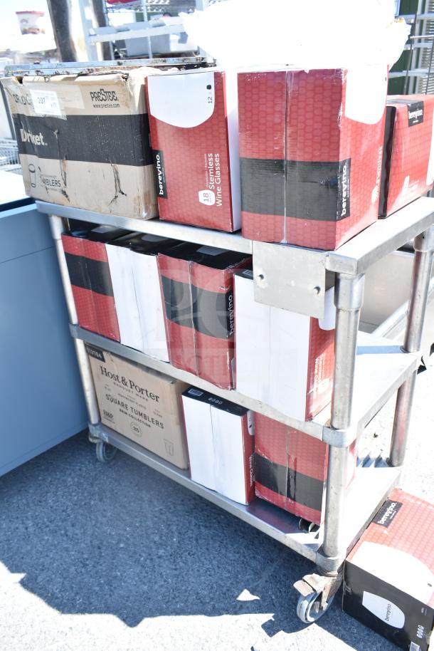 Metal 3-tier cart with Berevino stemless wine glasses and Host & Porter tumblers, new in boxes, auction lot of 17 items.