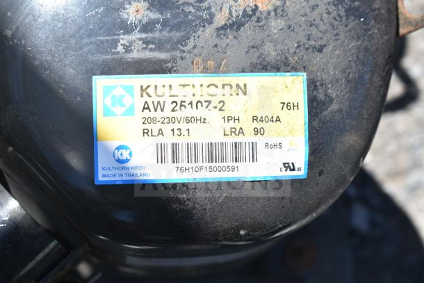 Kulthorn AW 2610Z-2 compressor, 208-230V, 1 phase. Label shows RLA 13.1, LRA 90. Made in Thailand.
