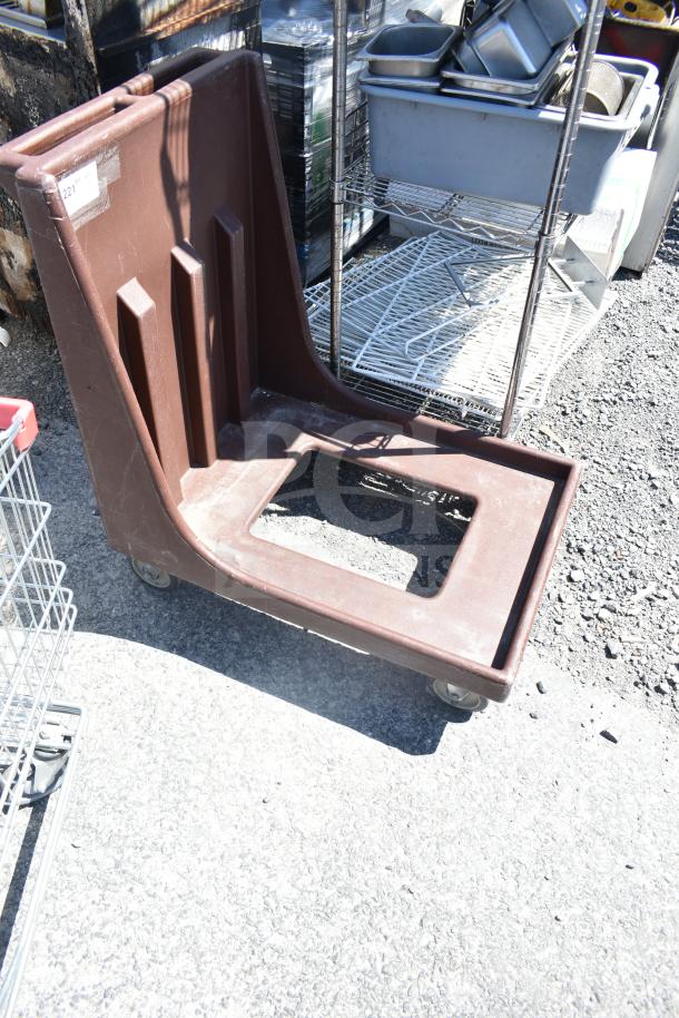 Brown poly dish caddy dolly with commercial casters, sturdy construction, used condition, ideal for restaurant settings.