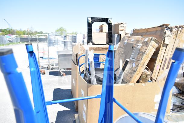2 blue Tolix style bar height chairs with sleek finish, durable metal frames. Slightly worn packaging visible.