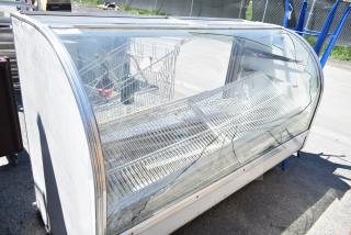 Leader MCB77 deli display case, glass-fronted, visible scratches, 115V, 1 phase, commercial style.