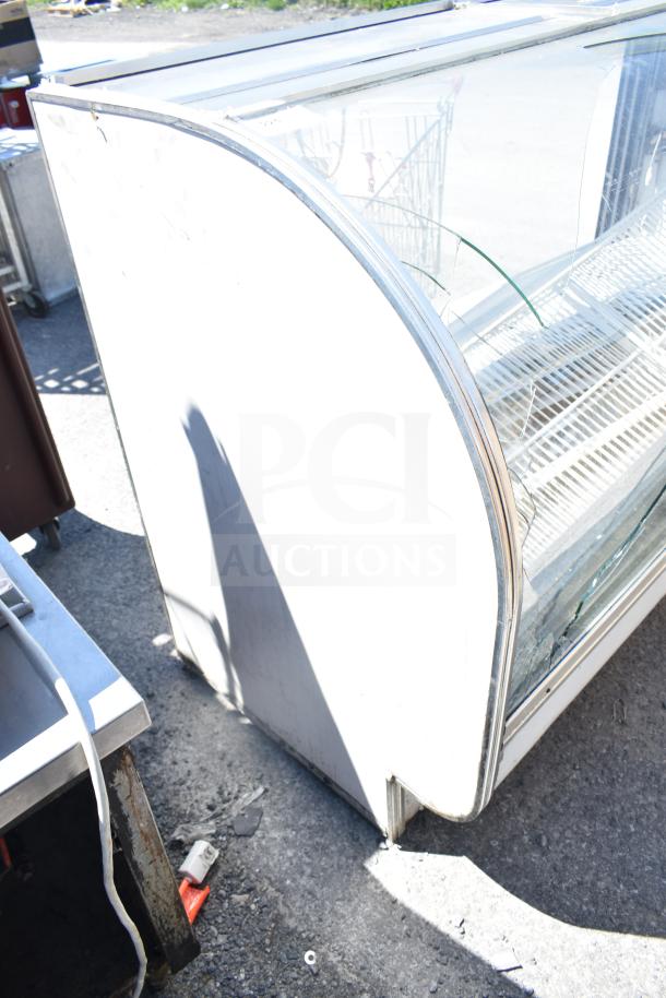 Leader MCB77 deli display case, commercial floor style, 115 volts, 1 phase, visible wear, glass damage on front panel.