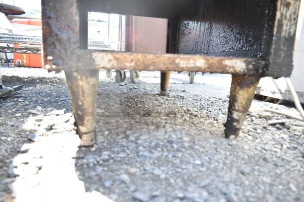 Frymaster J2XLRSP commercial gas fryer, shows rust on legs, ideal for high-volume cooking, used condition.