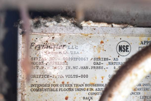 Frymaster J2XLRSP commercial deep fat fryer label showing model, series, natural gas power, and NSF certification.