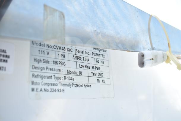 Leader CVK48 S/C deli display case. 115V, 1-phase. Label shows model, serial number PS101772, and specs.