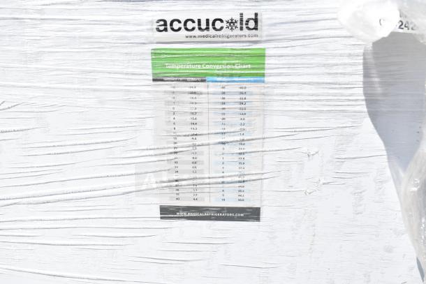 Four mini coolers, including Accucold, wrapped with a label showing a temperature conversion chart. 115 volts, 1 phase.