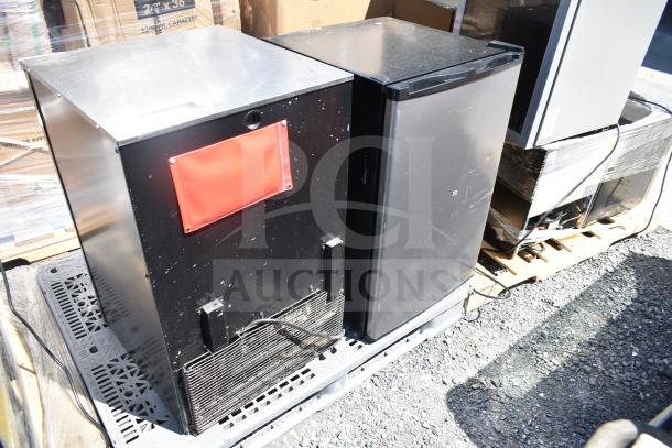 Two mini coolers, 115 volts, 1 phase, black metal exterior, one with red panel, moderate wear, auction item.