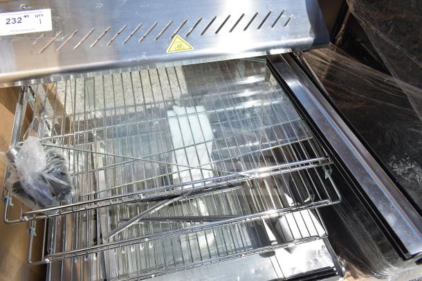 Brand new ServIt 423HDM26SA 26" heated display case with three shelves, sliding doors, and 120V, 1-phase power.