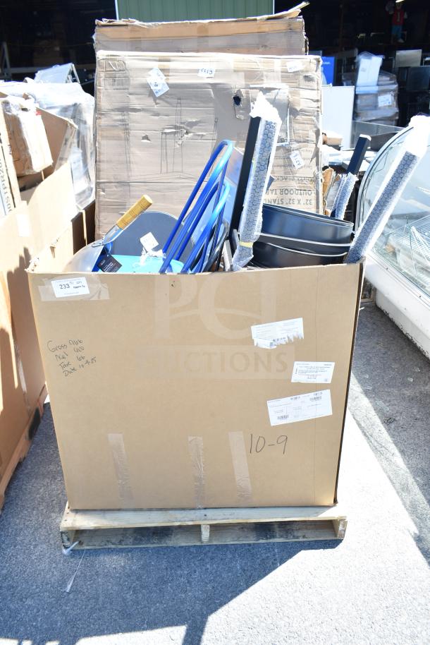 A box of 16 brand new scratch and dent items including blue chairs and tables, marked ServIt model 423HDM26SA.