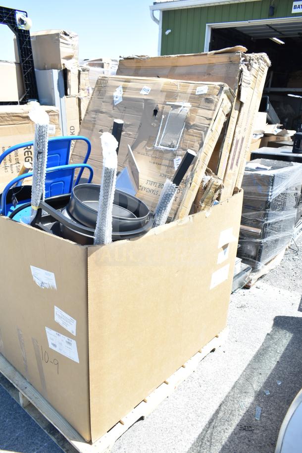 Cardboard box containing 16 new scratch and dent items: blue chairs, tables, cake pan. ServIt model 423HDM26SA.