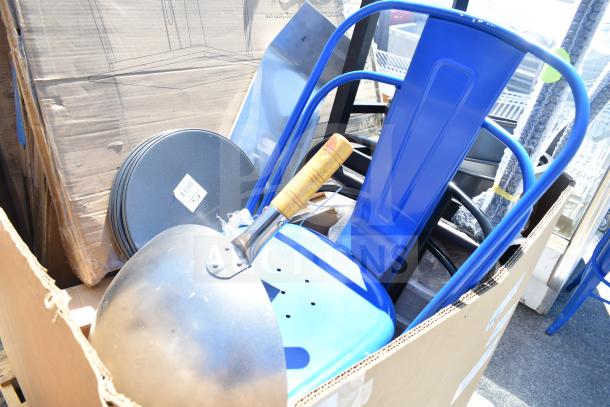 Box of 16 scratch and dent items including ServIt blue chairs, tables, cake pan. Model 423HDM26SA. New condition.